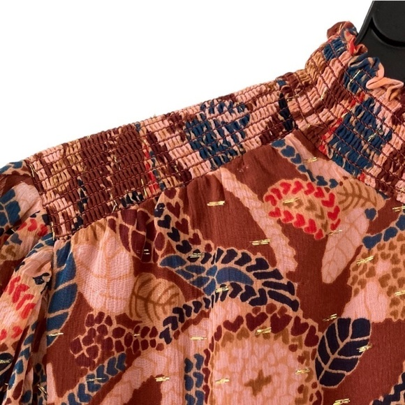 A.L.C. Silk Chiffon Metallic Thread Keyhole blouse High Neck Botanical Print - Picture 7 of 11